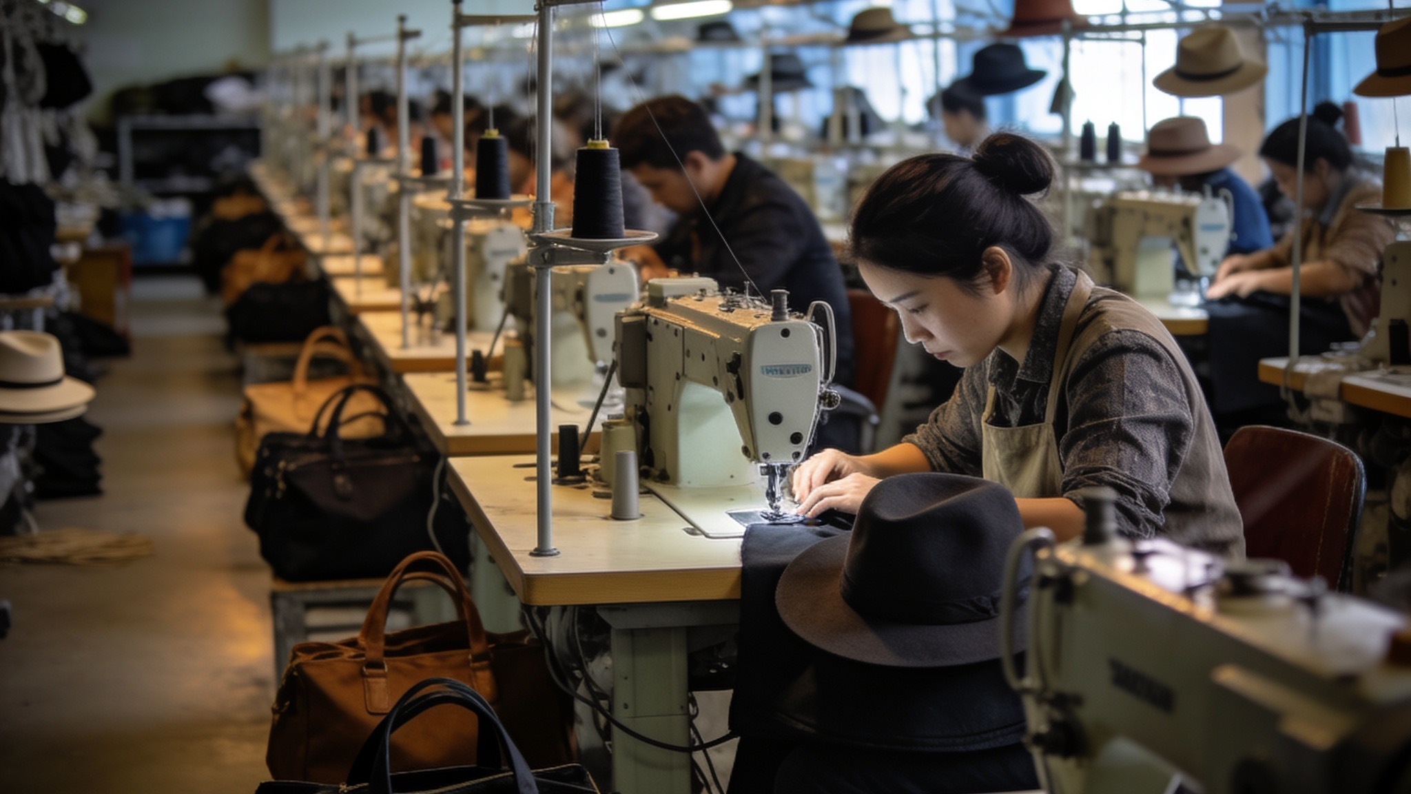 Sanjin bags and hats factory production floor in Shandong
